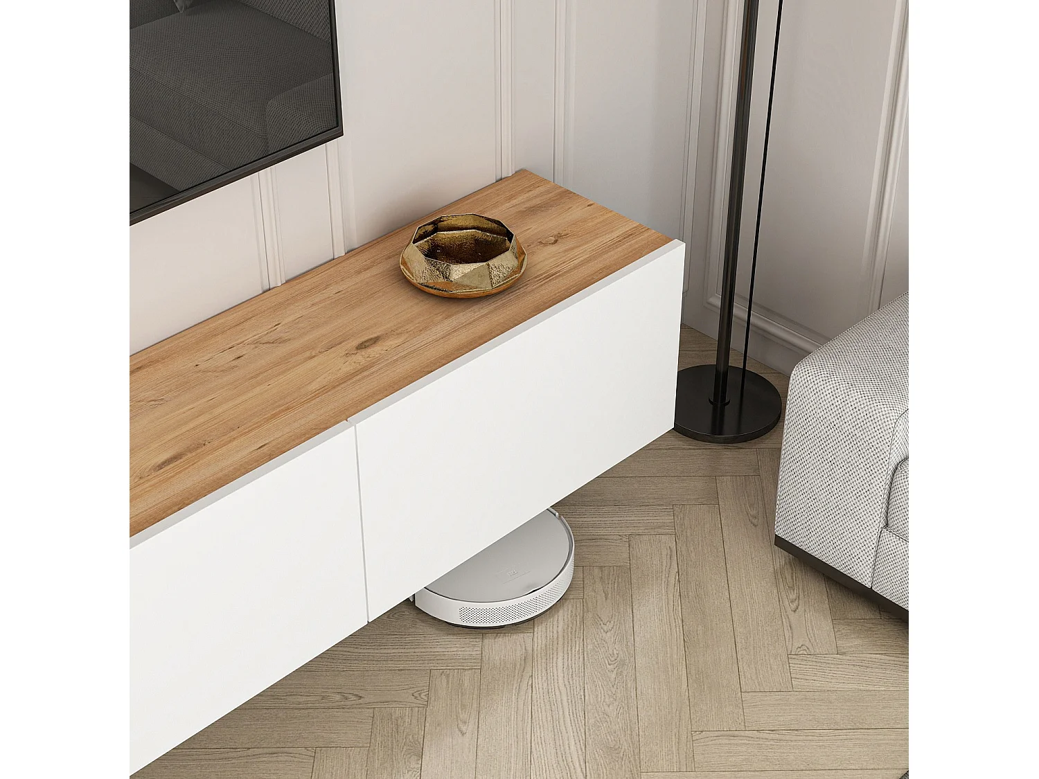 TV-stativ i vit atlantisk tall "West" - 150 x 32 x 30 cm - 3.0 Dörrar
