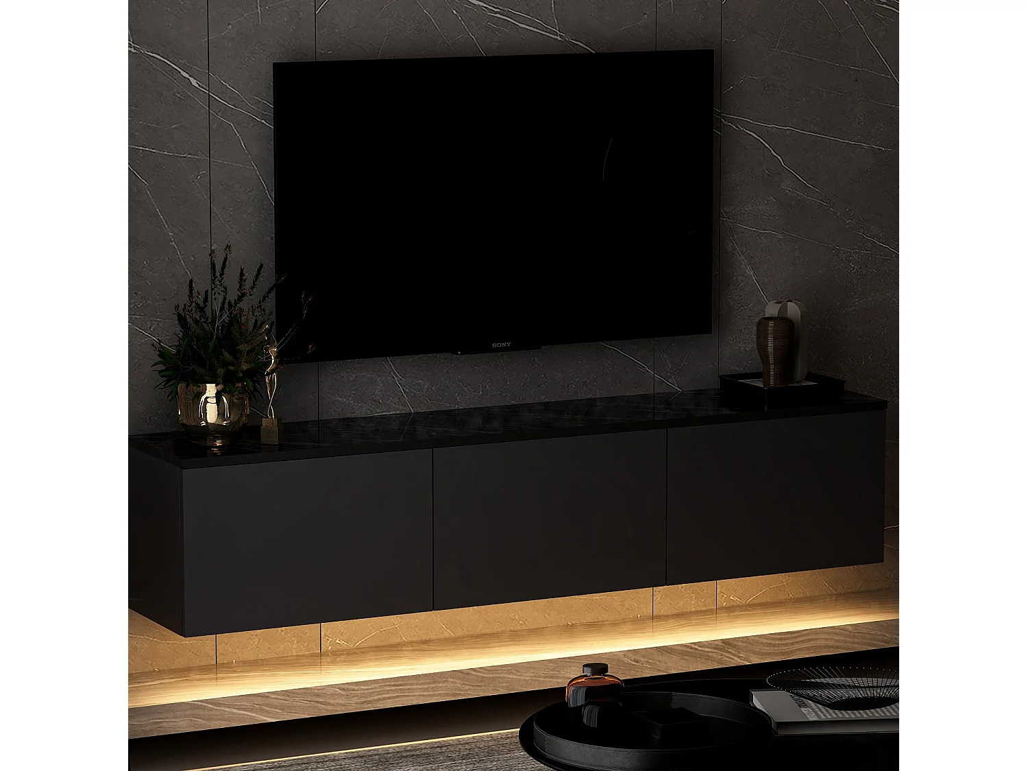 Mebel TV z drewna "Neon" 160 cm Szary Antracyt, 3 Drzwi, Praktyczne Przechowywanie i Nowoczesny Design