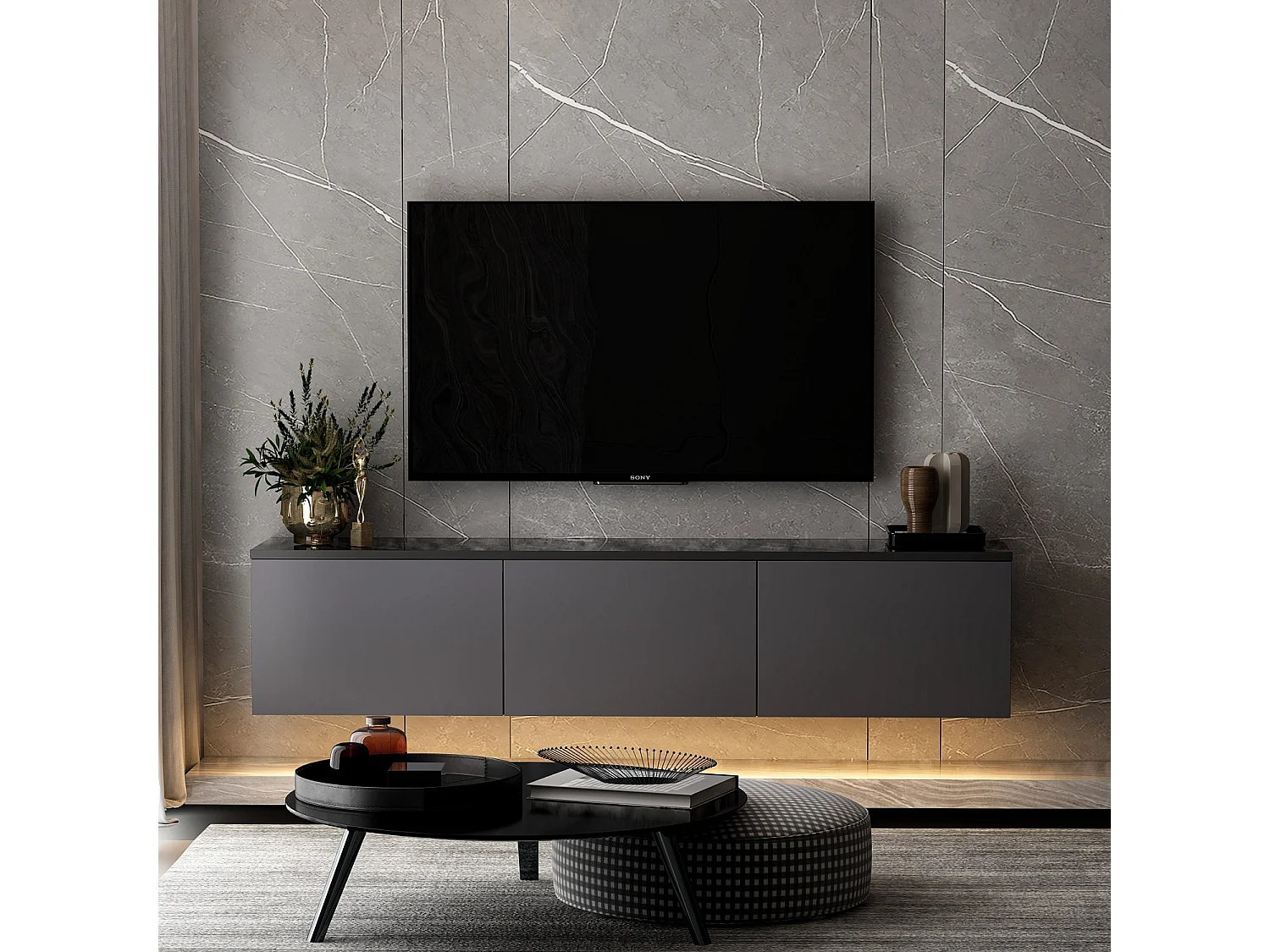 Mebel TV z drewna "Neon" 160 cm Szary Antracyt, 3 Drzwi, Praktyczne Przechowywanie i Nowoczesny Design