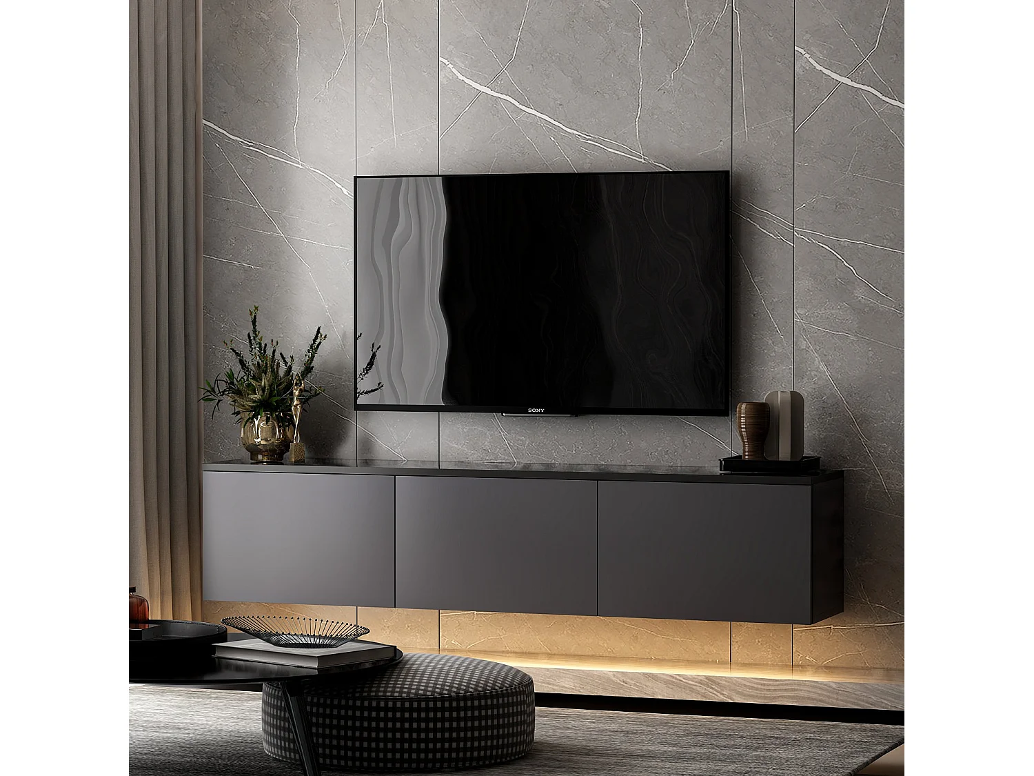 Mebel TV z drewna "Neon" 160 cm Szary Antracyt, 3 Drzwi, Praktyczne Przechowywanie i Nowoczesny Design