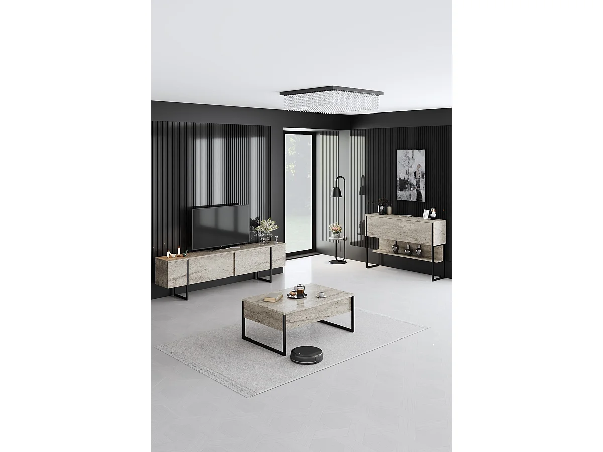 Meuble TV en bois "Luxe" - 180 x 30 x 50 cm - TravertinNoir