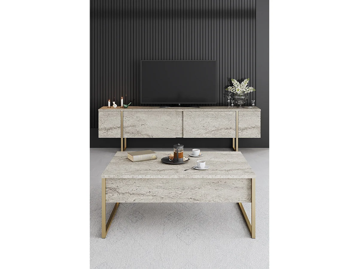 Premium Svart Travertin Trä TV-stativ "Luxe" - Klassisk Design, 180x30x50cm