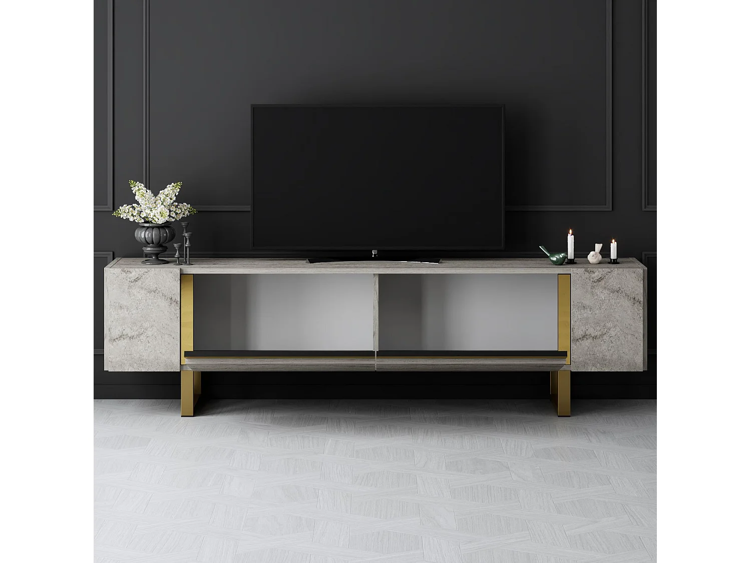 Meuble TV en bois gris "Yildiz" 180x30x50 cm, 2 portes, finition mélamine, design rectangulaire élégant