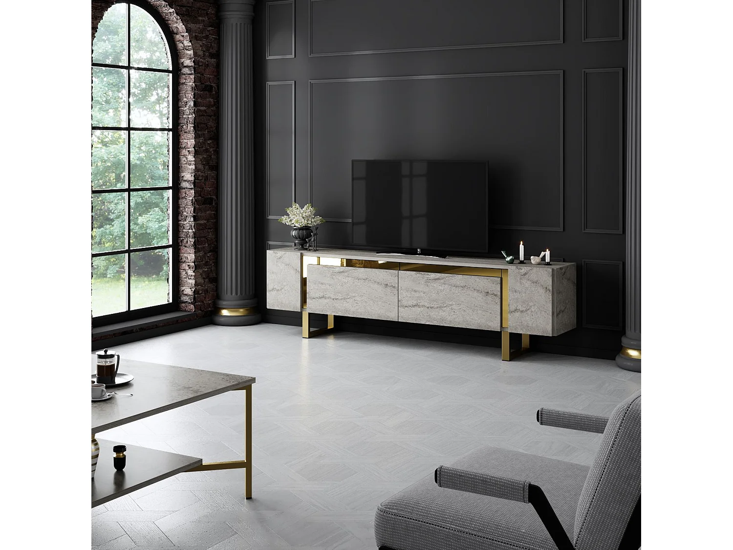 Meuble TV en bois gris "Yildiz" 180x30x50 cm, 2 portes, finition mélamine, design rectangulaire élégant