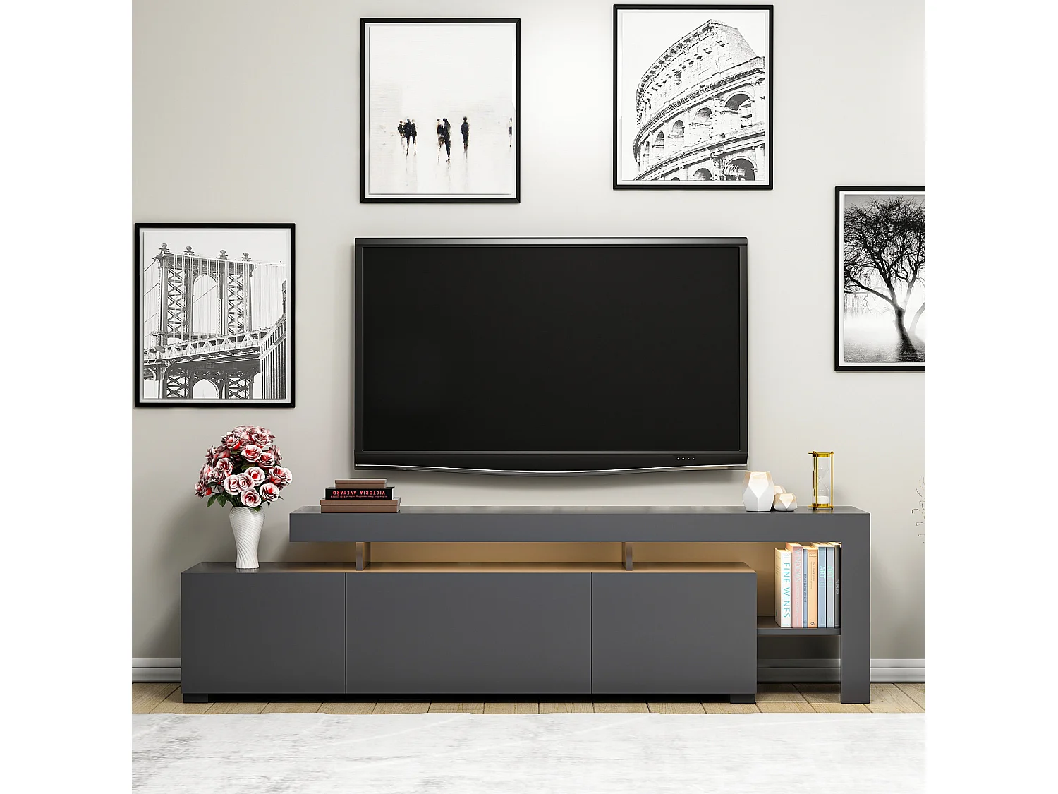 Premium Antracit Trä TV-bänk "Beliz" 192x37x53cm - Klassisk Design, Elegant Finish