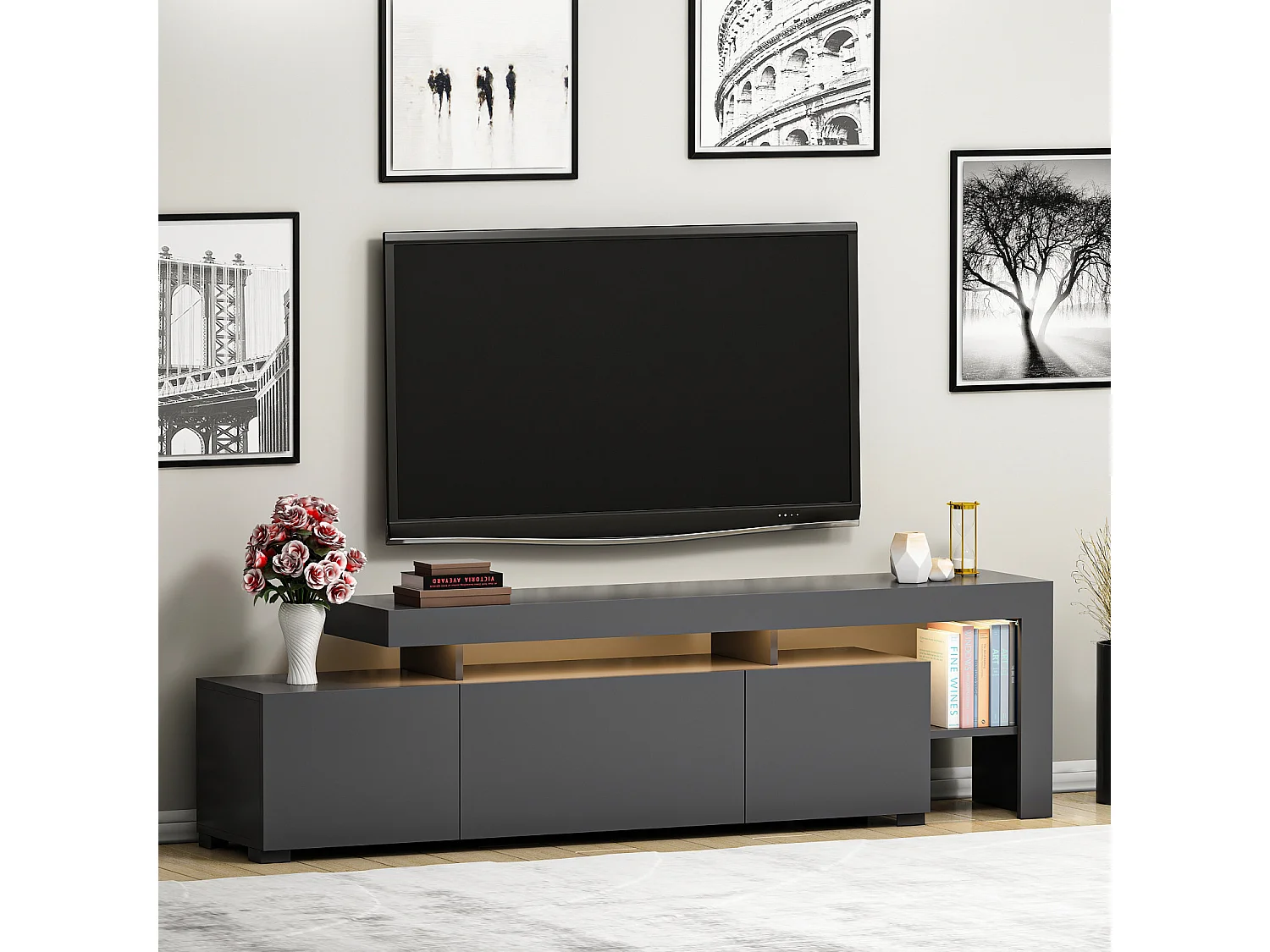 Premium Antracit Trä TV-bänk "Beliz" 192x37x53cm - Klassisk Design, Elegant Finish