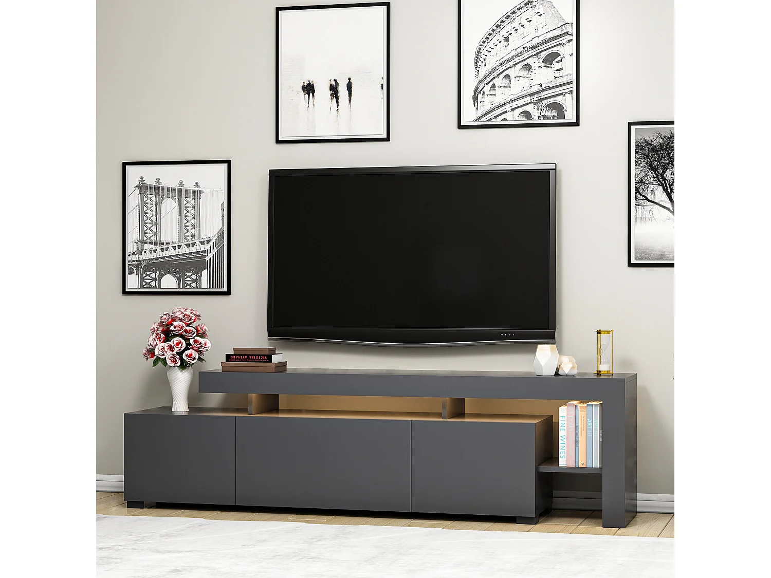 Premium Antracit Trä TV-bänk "Beliz" 192x37x53cm - Klassisk Design, Elegant Finish