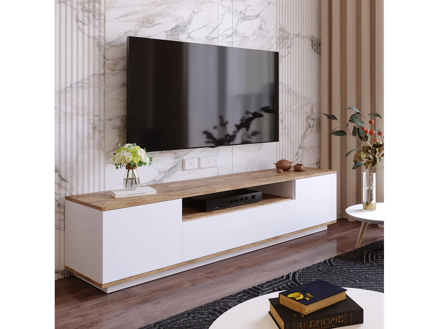 Meuble TV en bois "FR7" - 180 x 44 x 44 cm - Pin atlantiqueBlanc