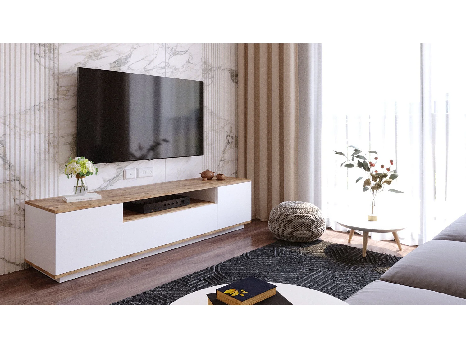 Meuble TV en bois "FR7" - 180 x 44 x 44 cm - Pin atlantiqueBlanc