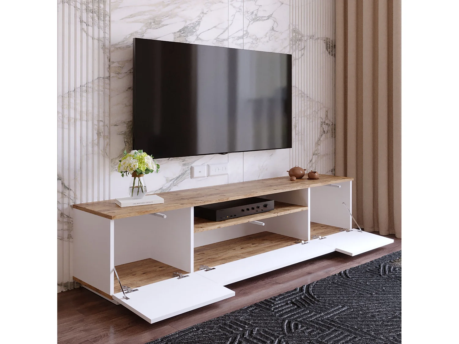 Meuble TV en bois "FR7" - 180 x 44 x 44 cm - Pin atlantiqueBlanc