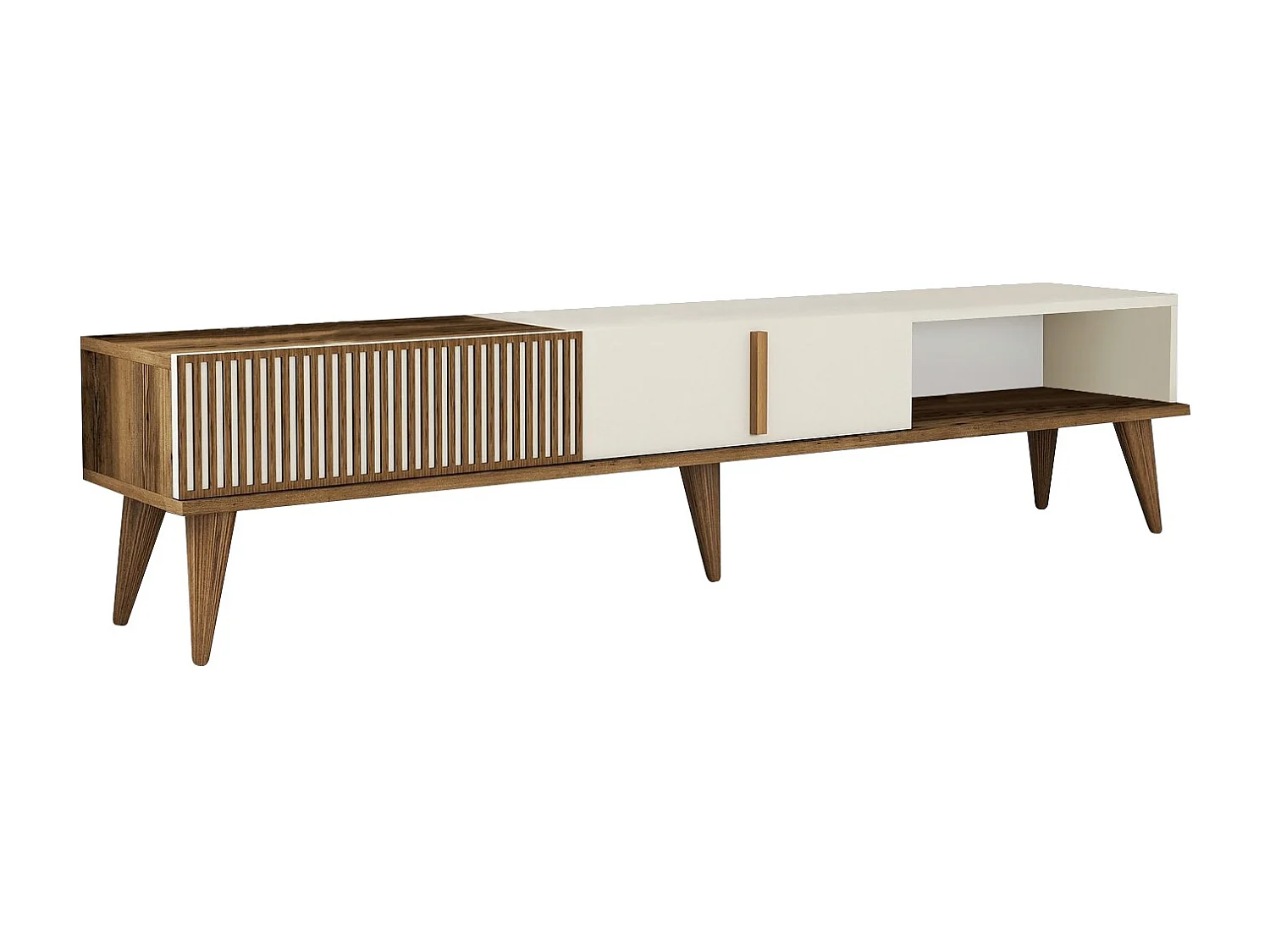 Meuble TV Milan en bois crème de noix 180x35x40 cm, 3 portes, 1 étagère, finition mélamine blanche