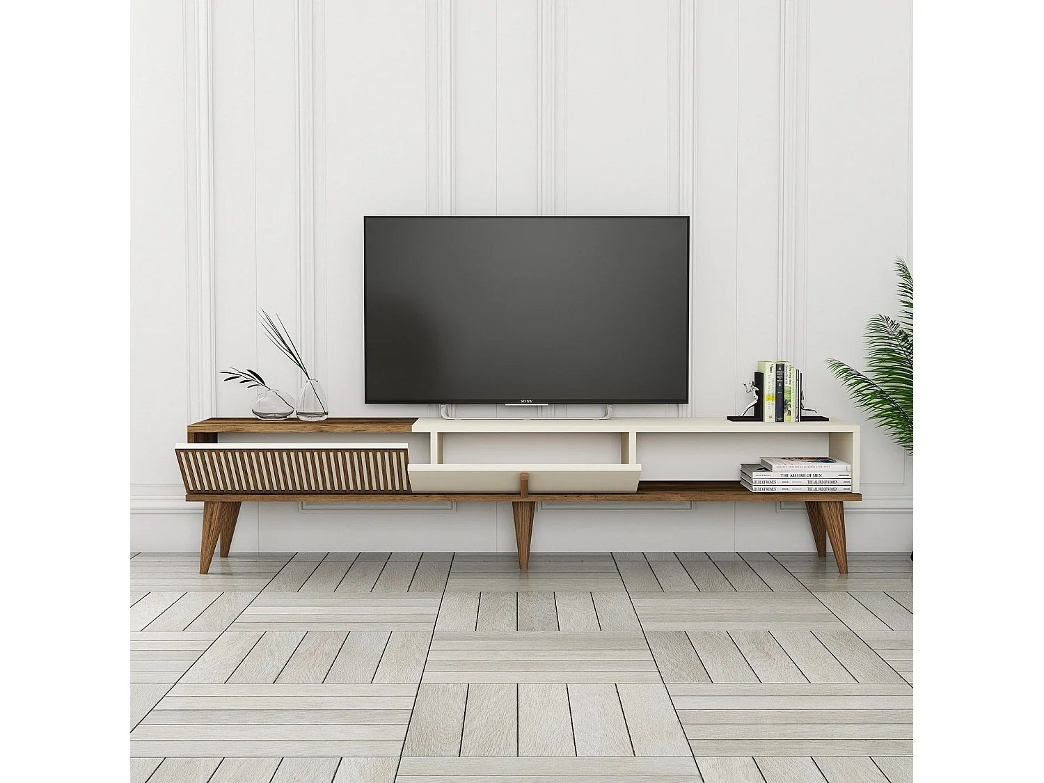Meuble TV Milan en bois crème de noix 180x35x40 cm, 3 portes, 1 étagère, finition mélamine blanche