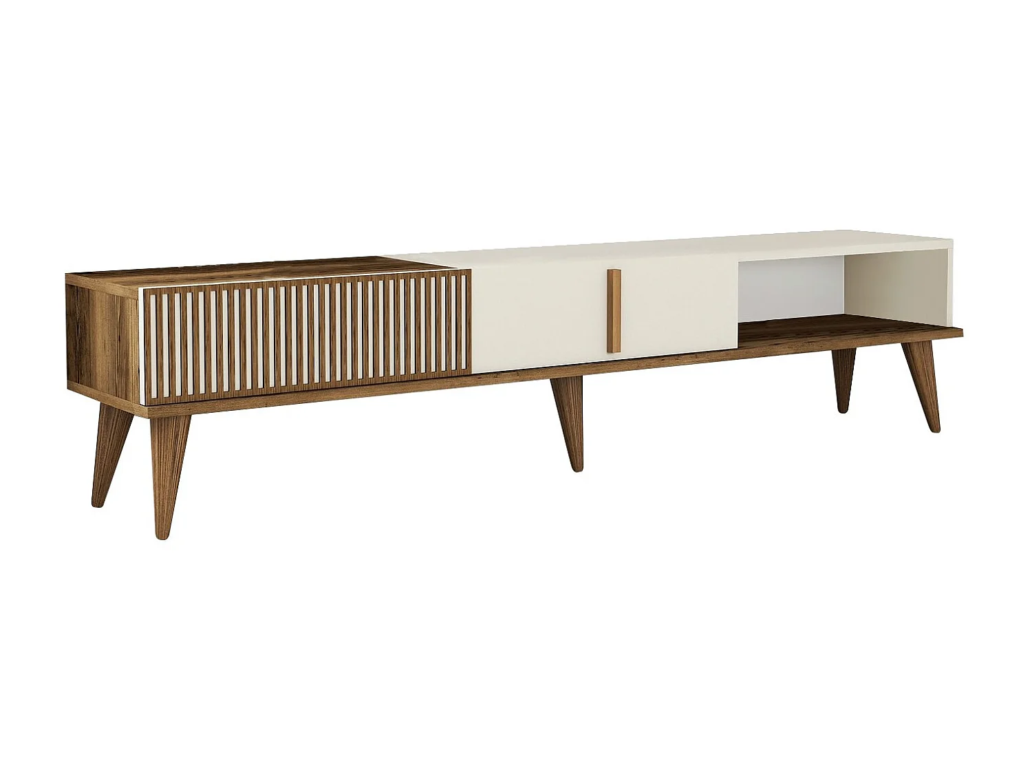 Meuble TV Milan en bois crème de noix 180x35x40 cm, 3 portes, 1 étagère, finition mélamine blanche