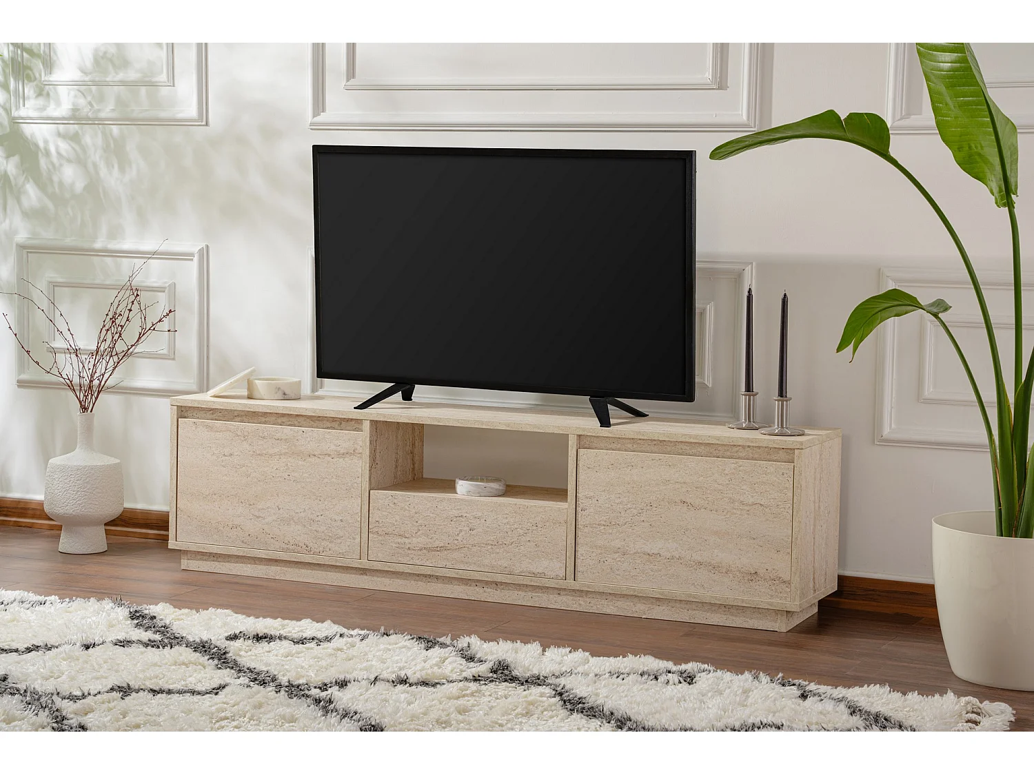 Meuble TV en bois "Vanguard" - 160 x 29 x 42 cm - Travertin
