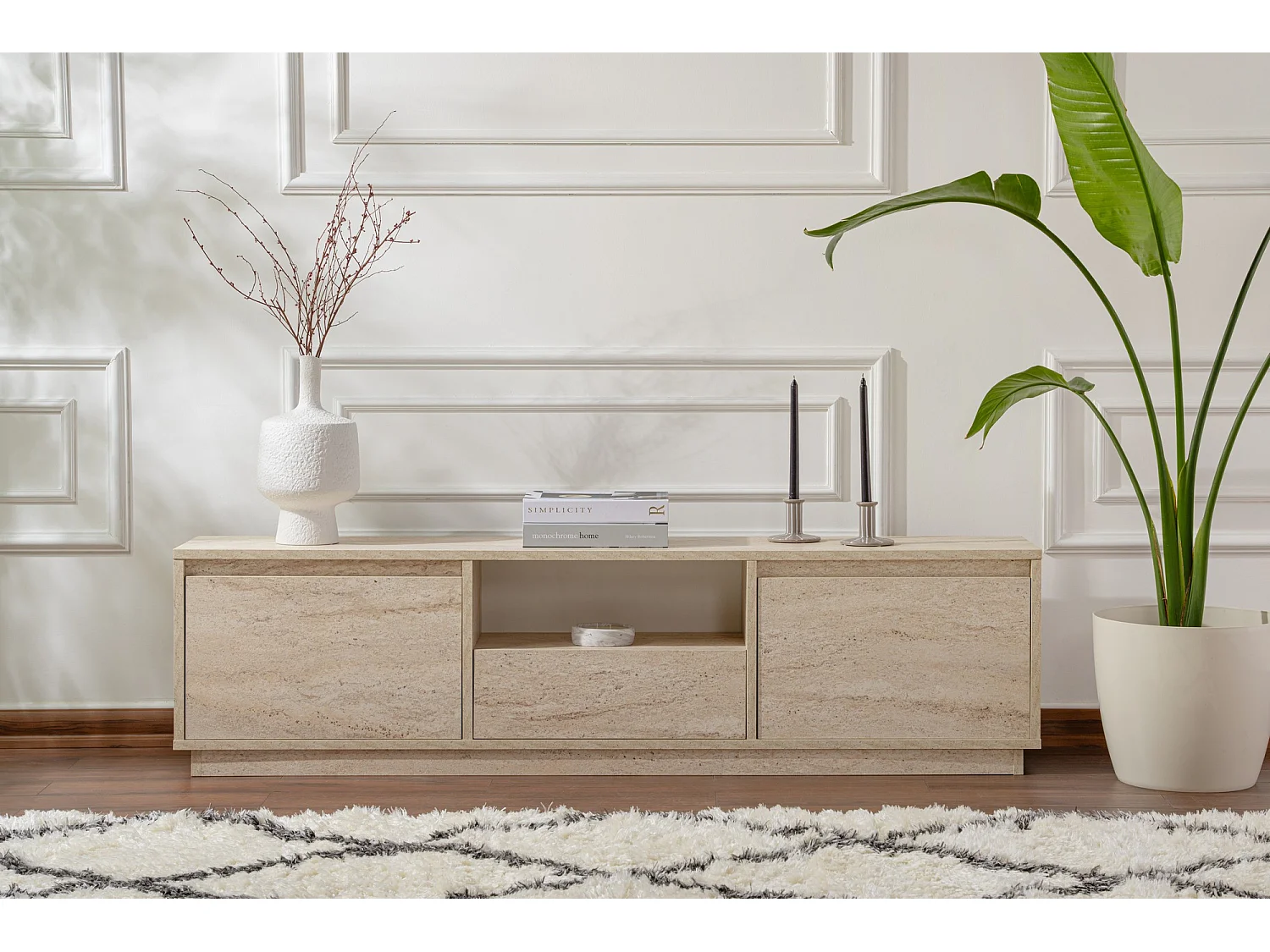 Meuble TV en bois "Vanguard" - 160 x 29 x 42 cm - Travertin