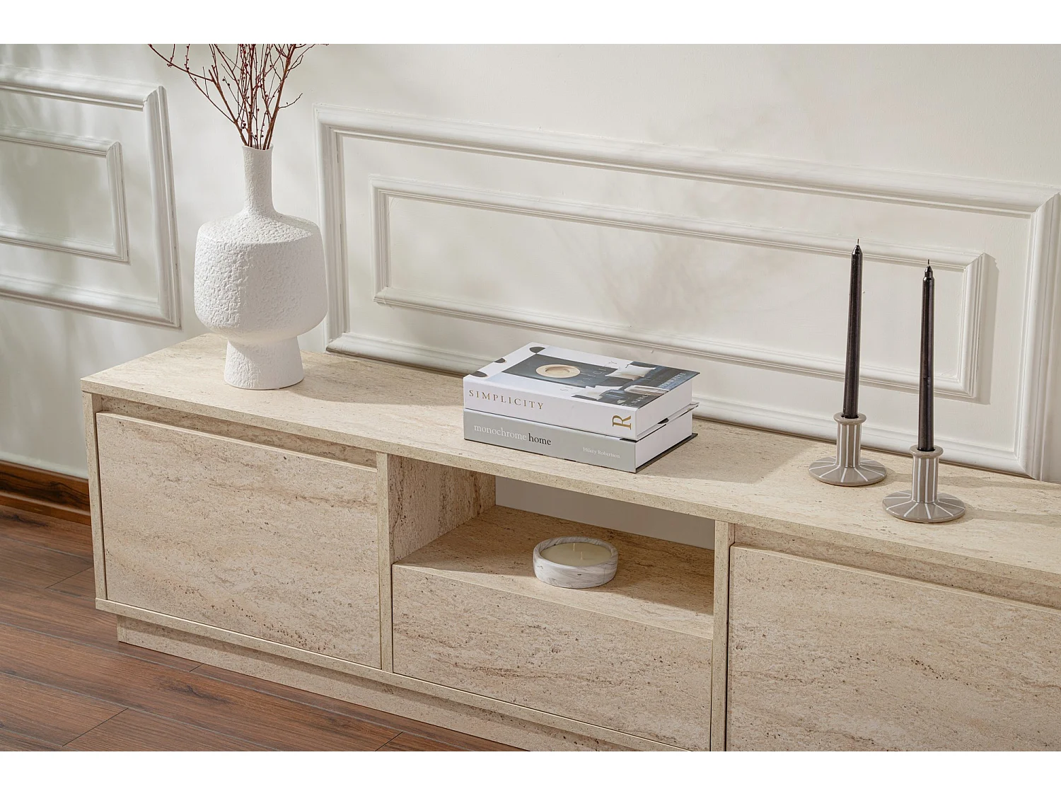 Meuble TV en bois "Vanguard" - 160 x 29 x 42 cm - Travertin