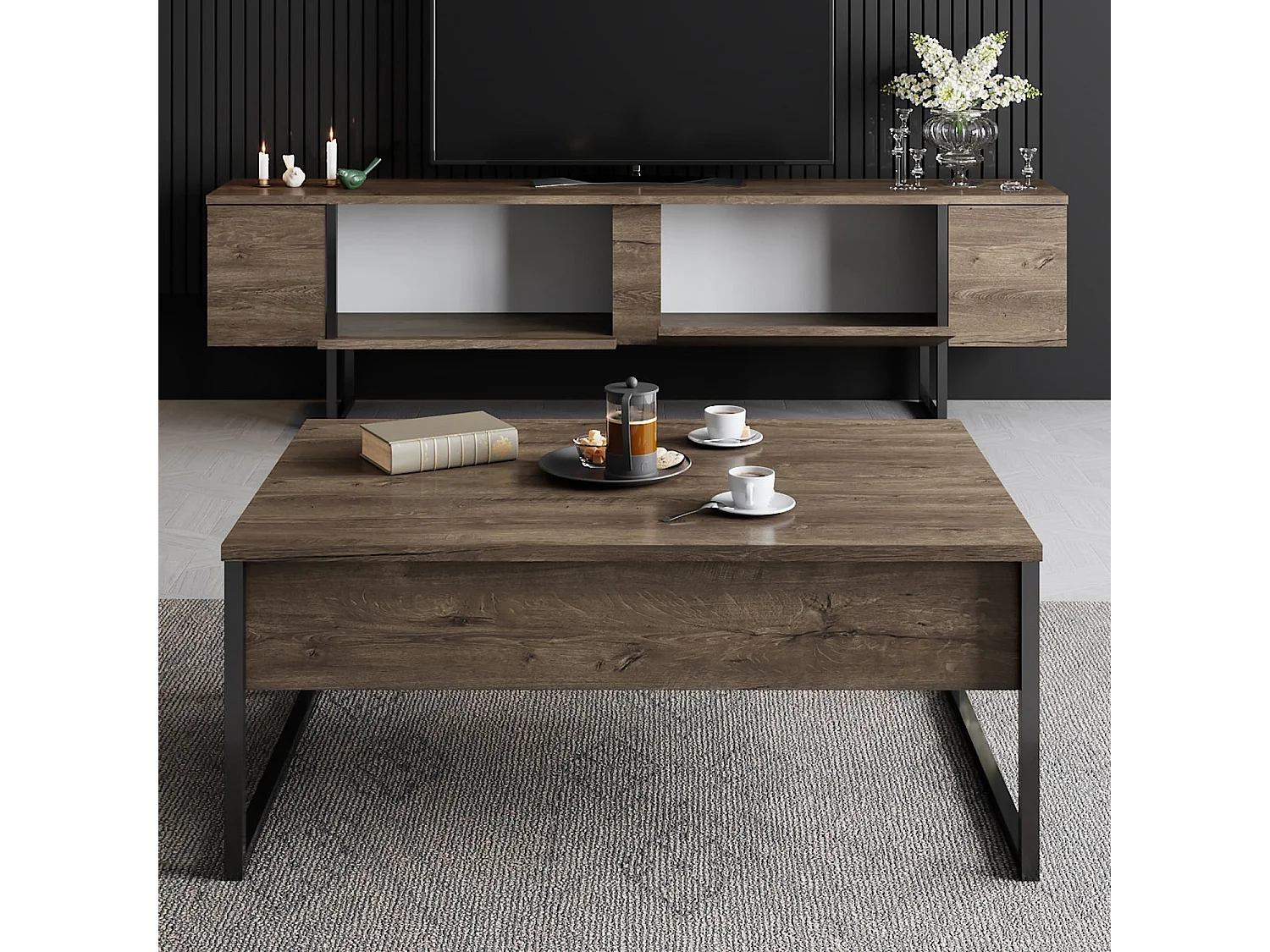 Meuble TV en bois "Luxe" - 180 x 30 x 50 cm - NoyerNoir