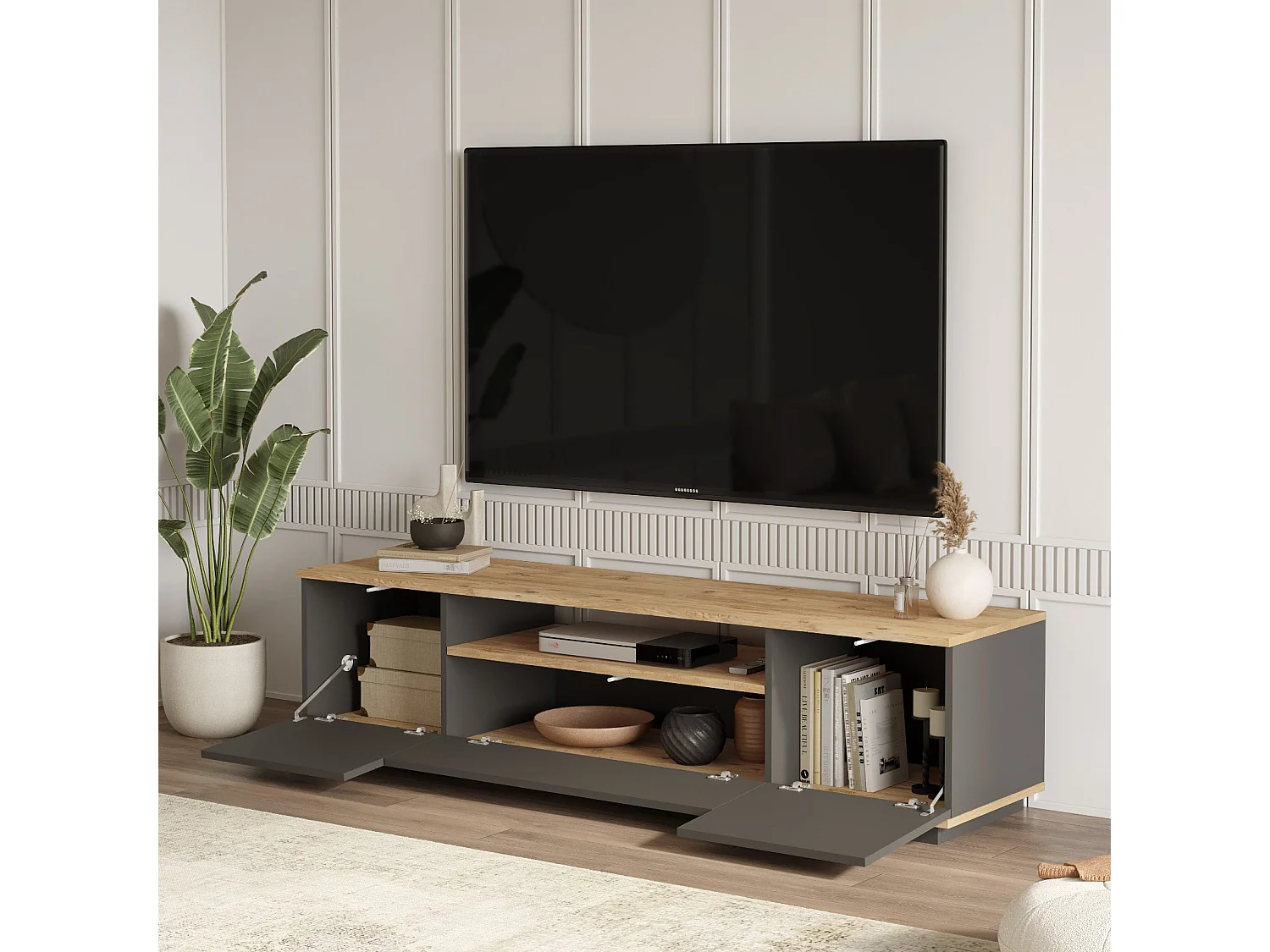 Meuble TV en bois "FR7" - 180 x 44 x 44 cm - Pin atlantiqueAnthracite