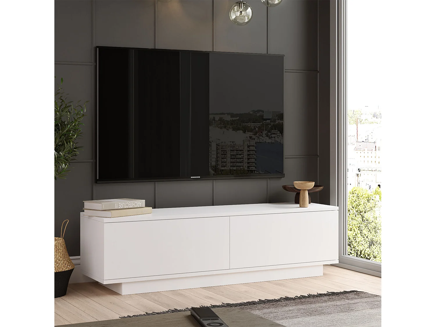 Modern Vit Trä TV-bänk "FN1" - 140 x 35 x 38 cm - 2.0 Dörrar
