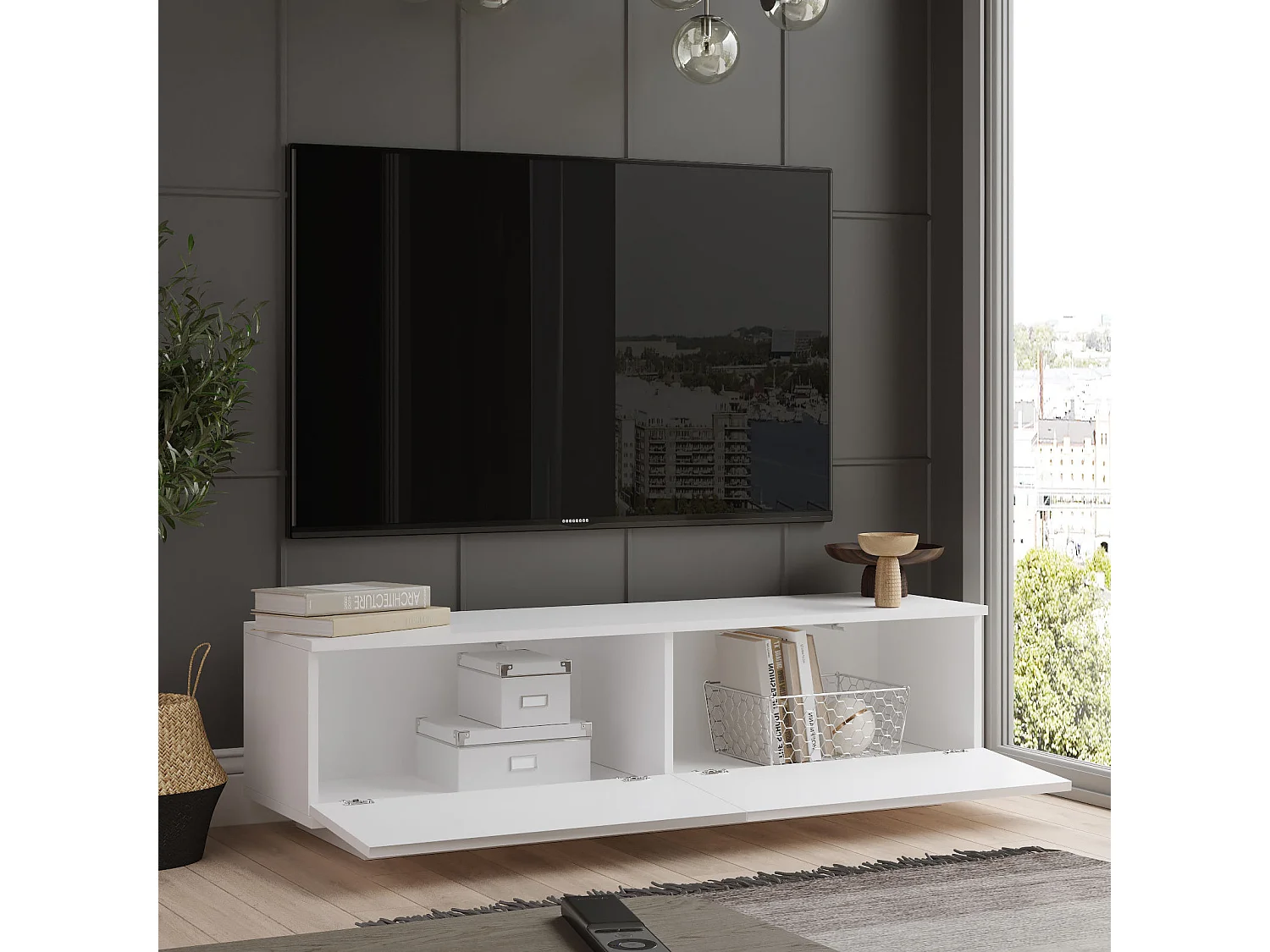 Modern Vit Trä TV-bänk "FN1" - 140 x 35 x 38 cm - 2.0 Dörrar