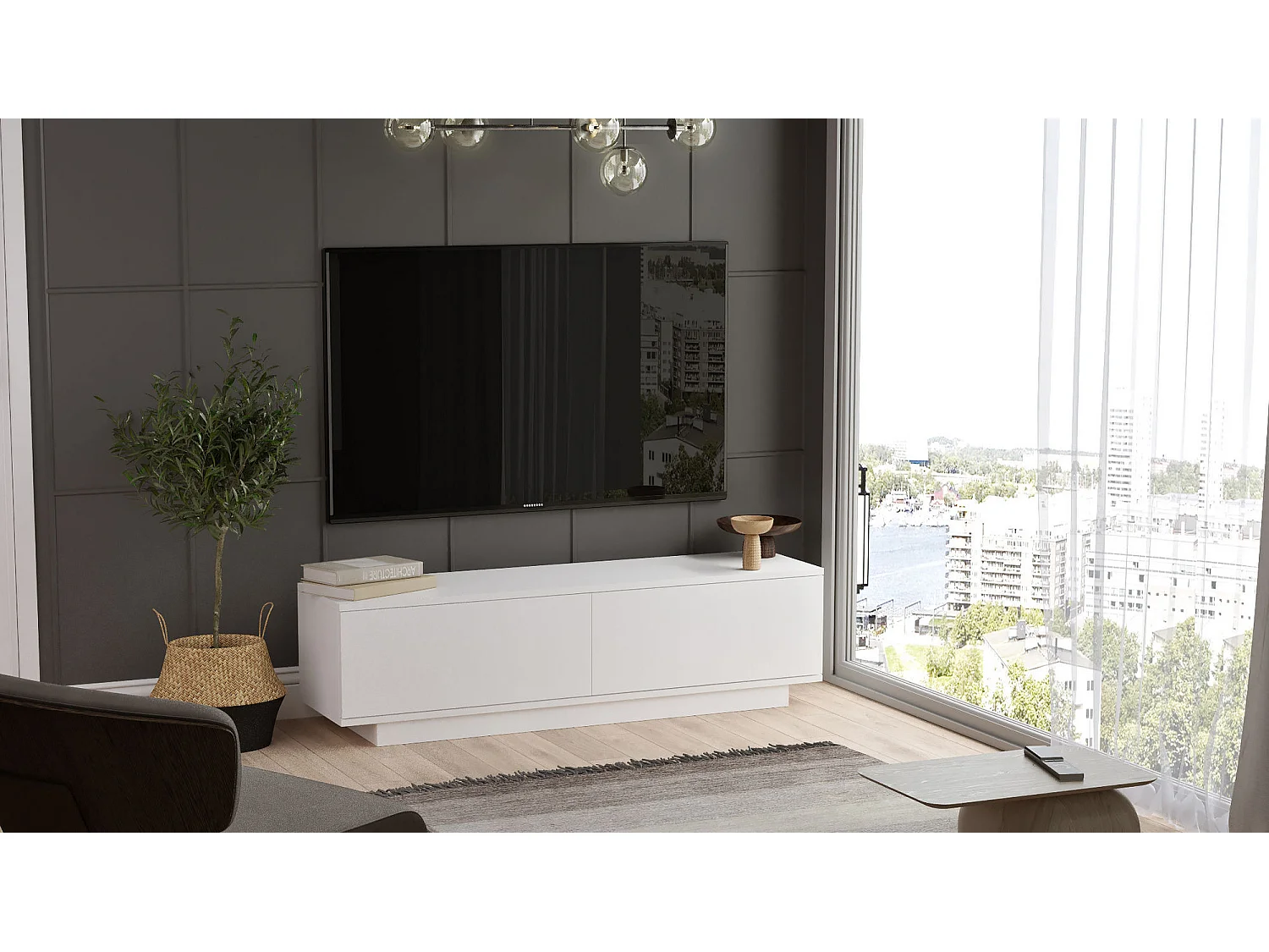 Modern Vit Trä TV-bänk "FN1" - 140 x 35 x 38 cm - 2.0 Dörrar