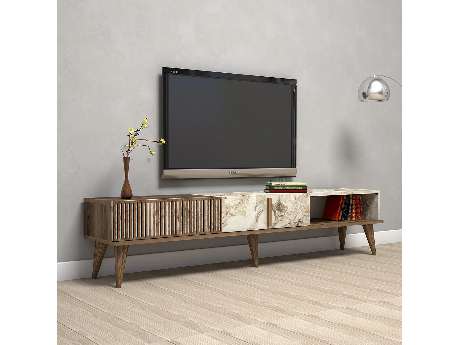 Meuble TV Milan Bois Noyer Blanc 180x35x40 cm, 3 Portes, 1 Étagère, Design Moderne et Élégant