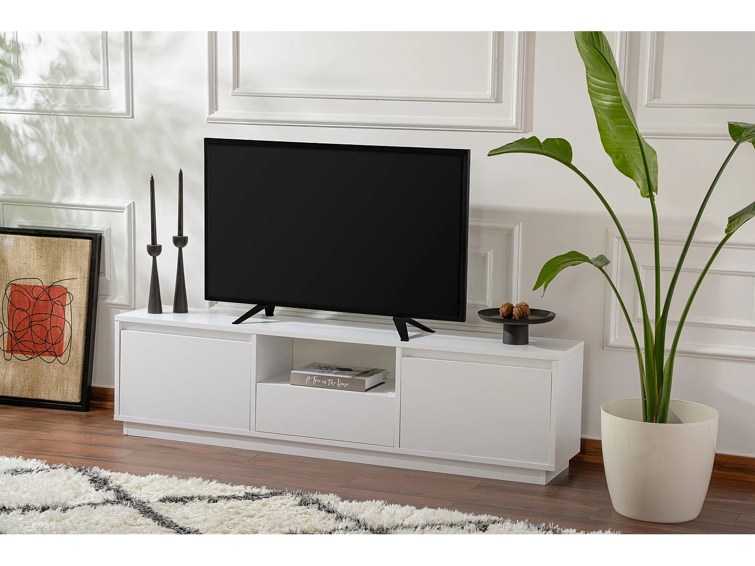 Meuble TV en bois "Vanguard" - 160 x 29 x 42 cm - Blanc naturel