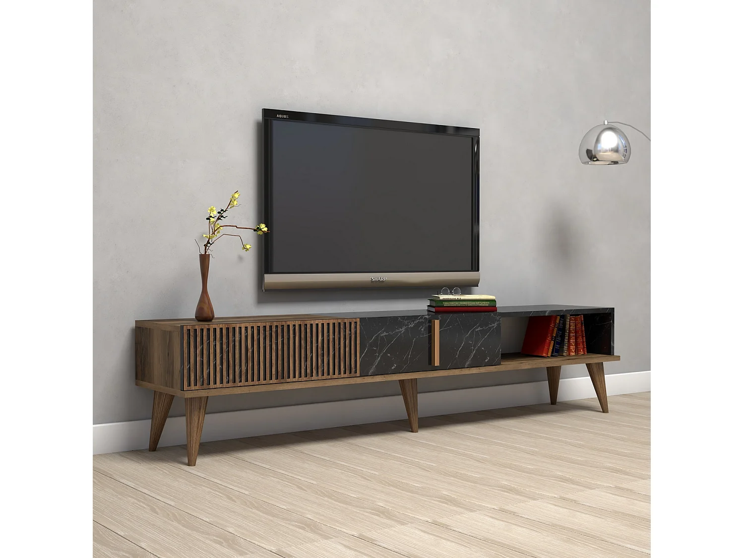 Meuble TV Milan en bois noir noyer 180x35x40 cm, 3 portes, 1 étagère, design moderne et finition mélamine