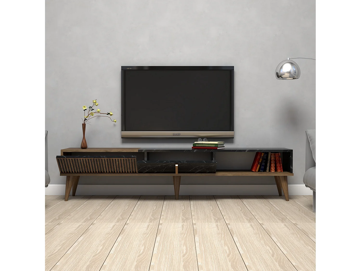 Meuble TV Milan en bois noir noyer 180x35x40 cm, 3 portes, 1 étagère, design moderne et finition mélamine