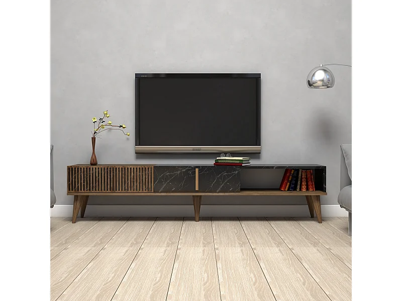Meuble TV Milan en bois noir noyer 180x35x40 cm, 3 portes, 1 étagère, design moderne et finition mélamine