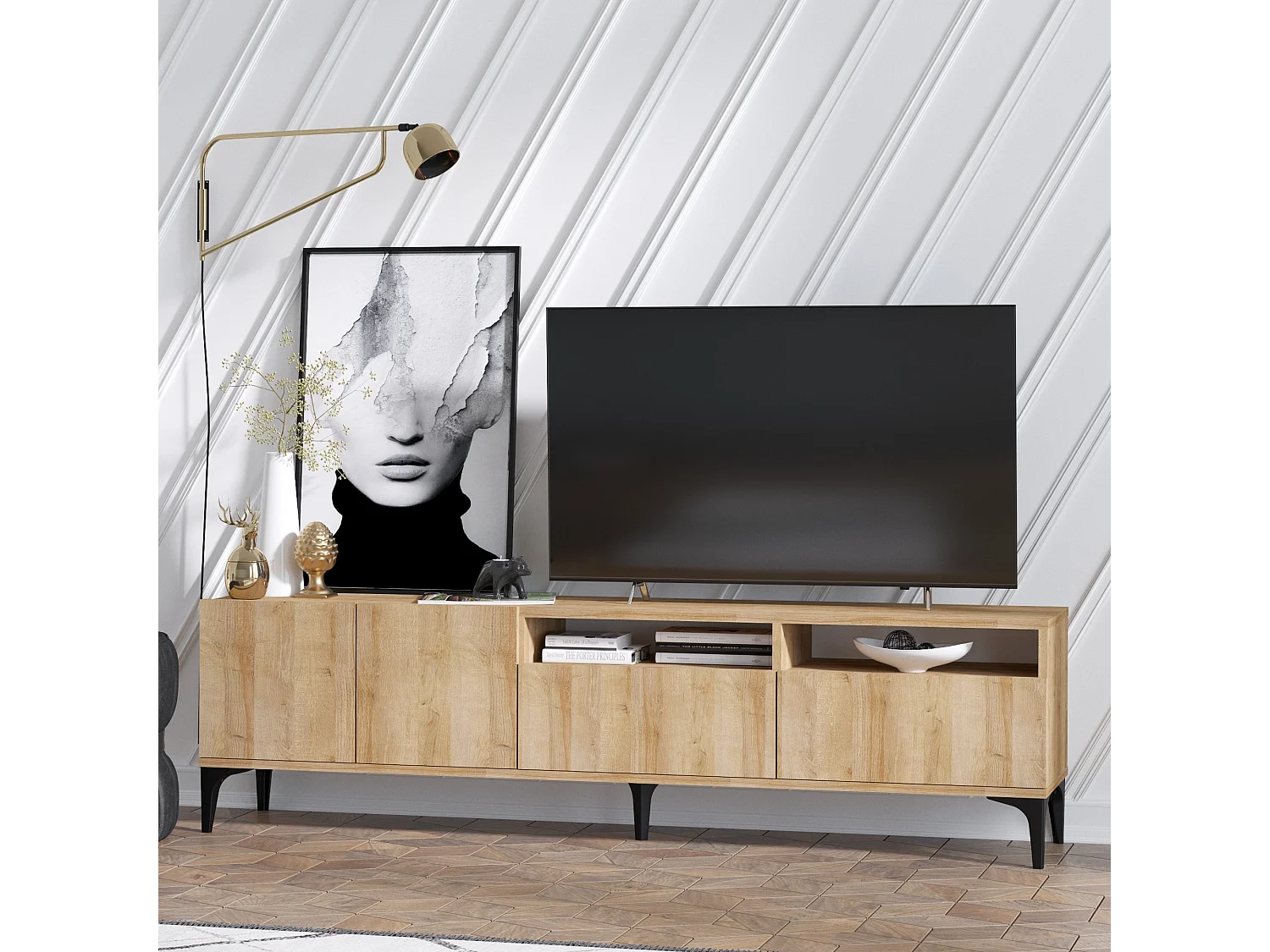 Meuble TV en bois "Ross" - 180 x 35 x 52 cm - Chêne