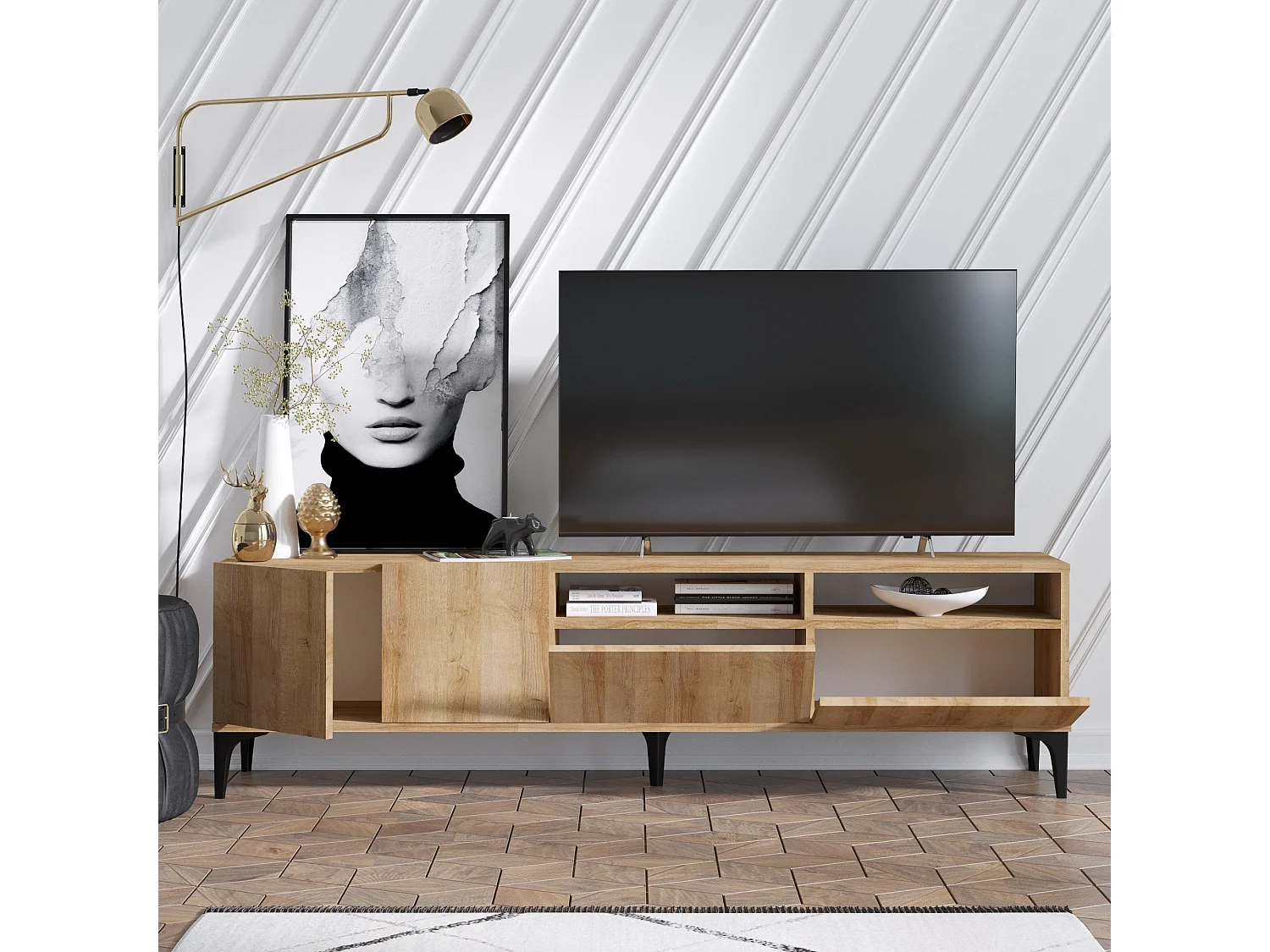 Meuble TV en bois "Ross" - 180 x 35 x 52 cm - Chêne