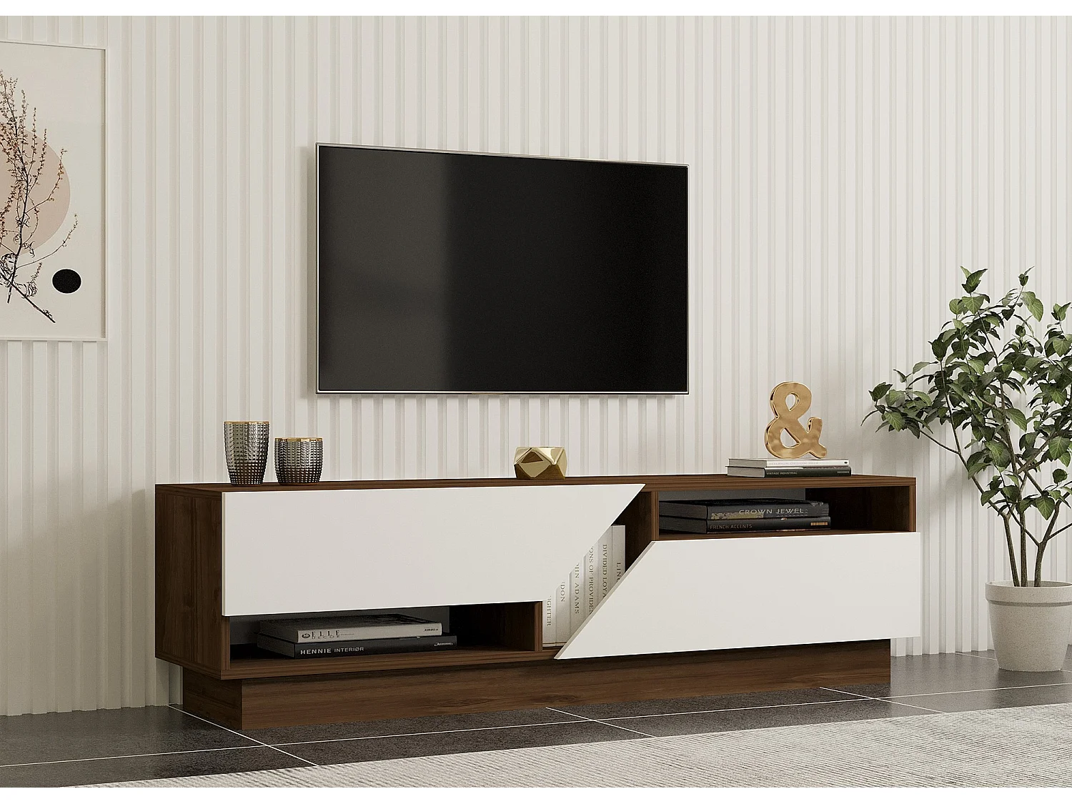 Meuble TV en bois "Koza" - 160 x 40 x 45 cm - NoyerBlanc