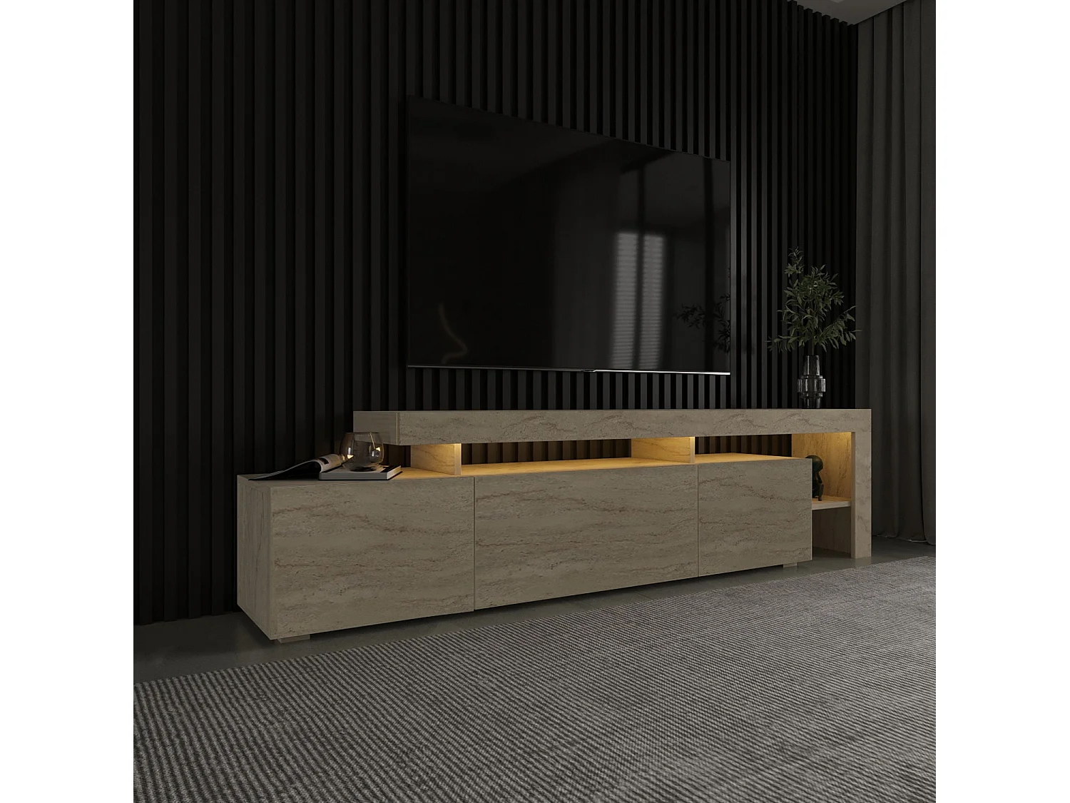 TV-meubel Beliz van Melaminehout Beige 192x37x53 cm met 3 Deuren en 3 Planken in Travertijnstijl