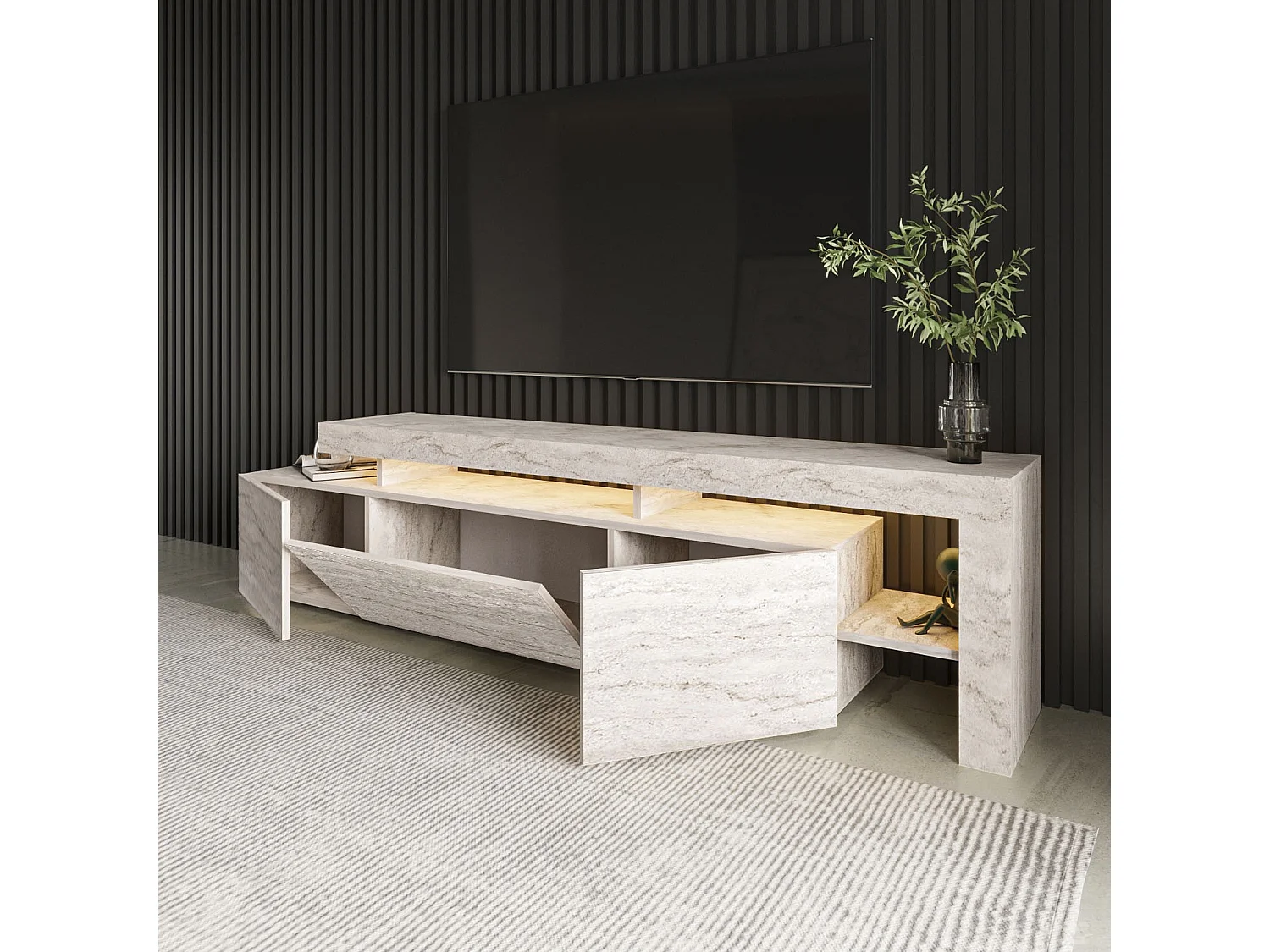 TV-meubel Beliz van Melaminehout Beige 192x37x53 cm met 3 Deuren en 3 Planken in Travertijnstijl