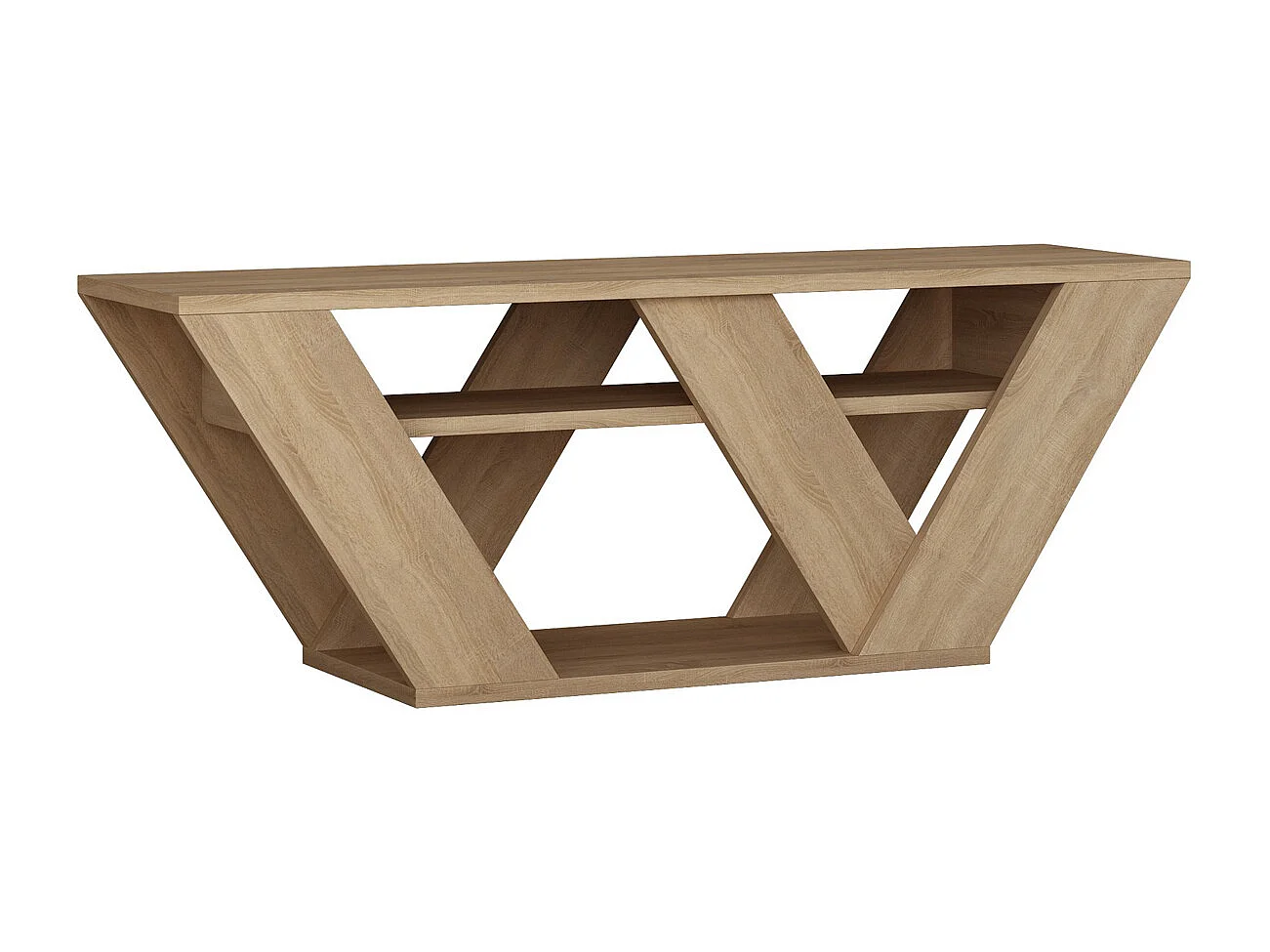 Meuble TV Banc "Pipralla" en Bois Chêne Beige 110x30x40 cm, Design Triangulaire avec Étagère, Style Moderne et Finition Mélamine