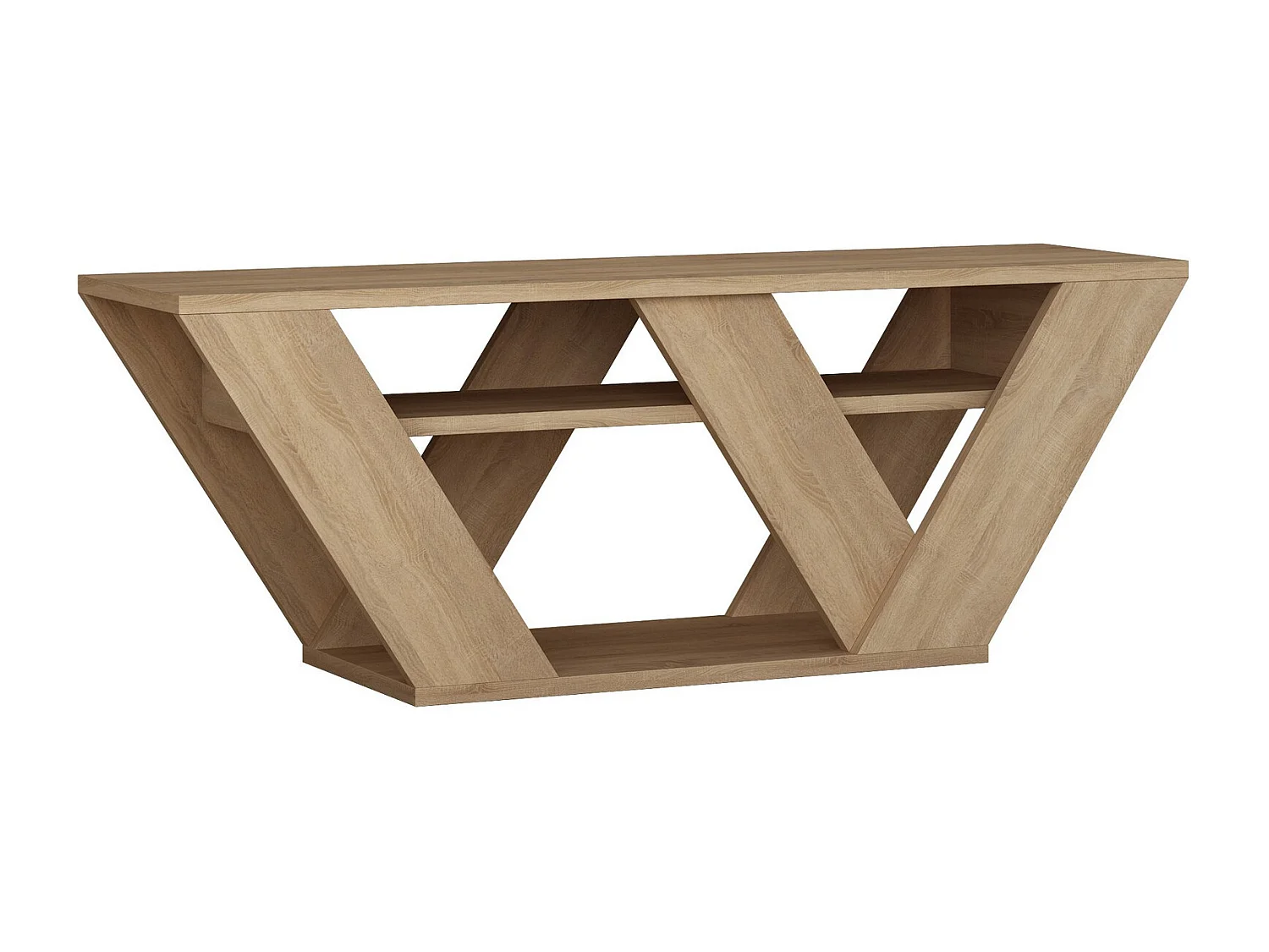 Meuble TV Banc "Pipralla" en Bois Chêne Beige 110x30x40 cm, Design Triangulaire avec Étagère, Style Moderne et Finition Mélamine