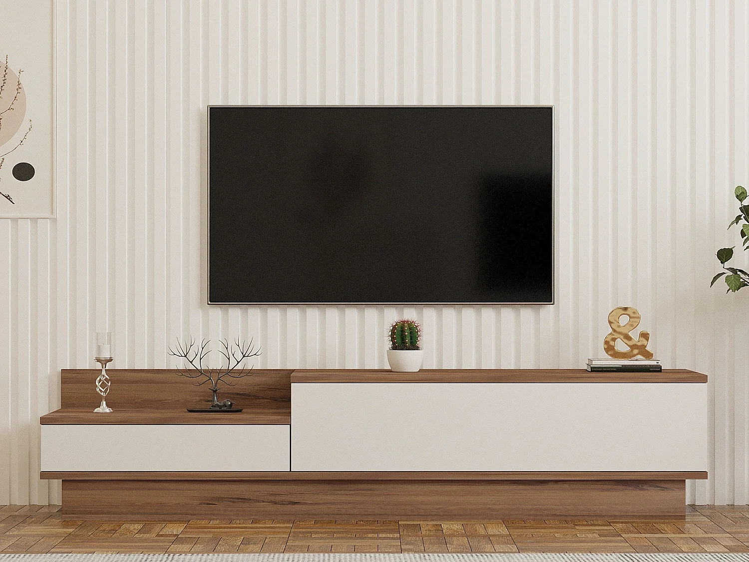 Meuble TV Barko en bois de pin atlantique blanc 160x35x35 cm, style scandinave avec rangement et finition mélamine