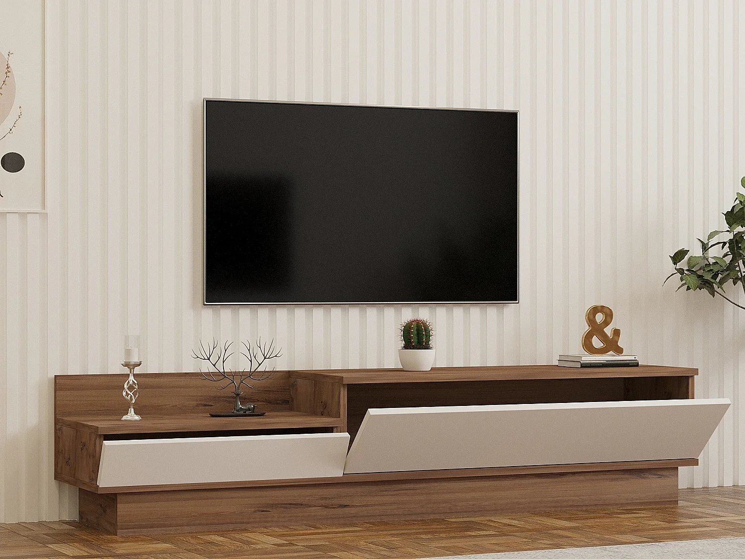 Meuble TV Barko en bois de pin atlantique blanc 160x35x35 cm, style scandinave avec rangement et finition mélamine