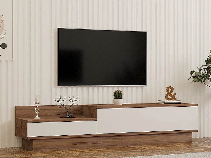 Meuble TV Barko en bois de pin atlantique blanc 160x35x35 cm, style scandinave avec rangement et finition mélamine