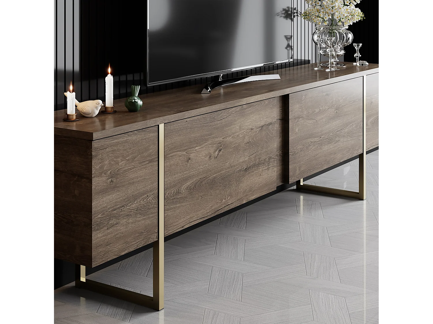 Meuble TV en bois "Luxe" - 180 x 30 x 50 cm - NoyerOr