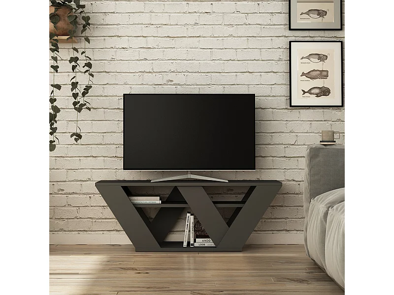 Meuble TV Banc "Pipralla" Bois Gris Anthracite 110x30x40 cm, Design Triangulaire Moderne avec Étagère de Rangement