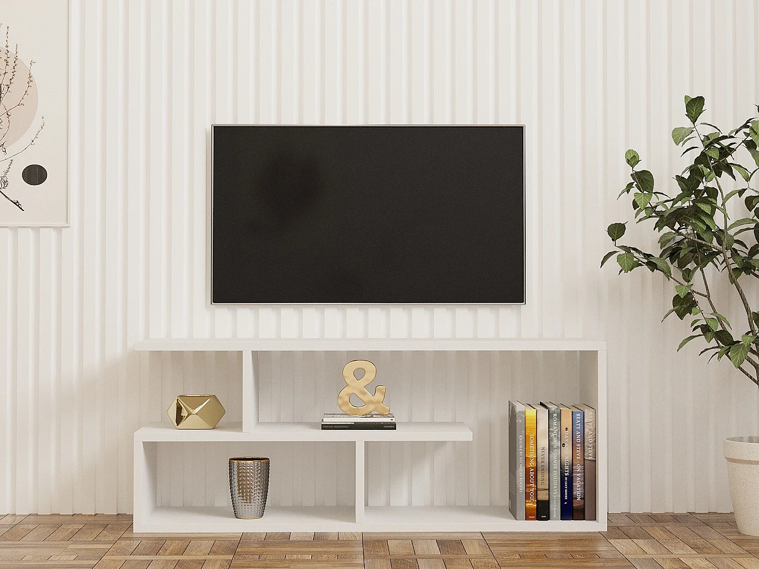 "Cafu" Trä TV-bänk - Vit, 100 x 29 x 40 cm, 4 hyllor