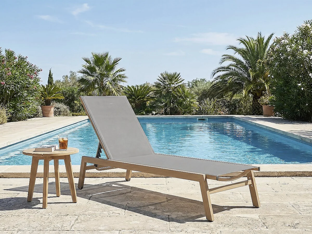 Lettino prendisole "Elysia" in alluminio con finitura effetto legno - Grigio chiaro