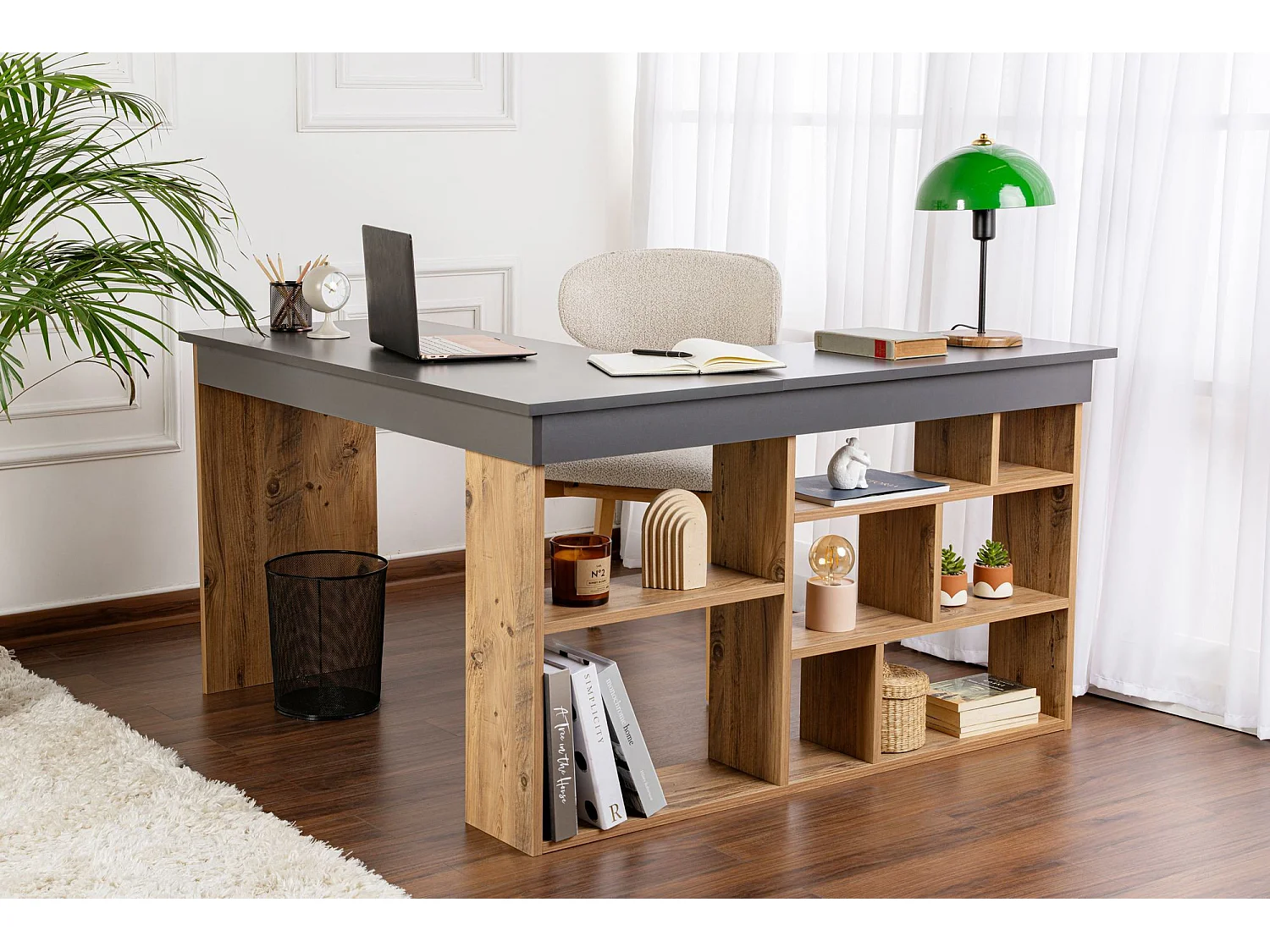 Bureau d'étude en bois "Vesper" - 130 x 120 x 72 cm - AnthracitePin atlantique