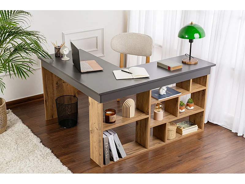 Bureau d'étude en bois "Vesper" - 130 x 120 x 72 cm - AnthracitePin atlantique