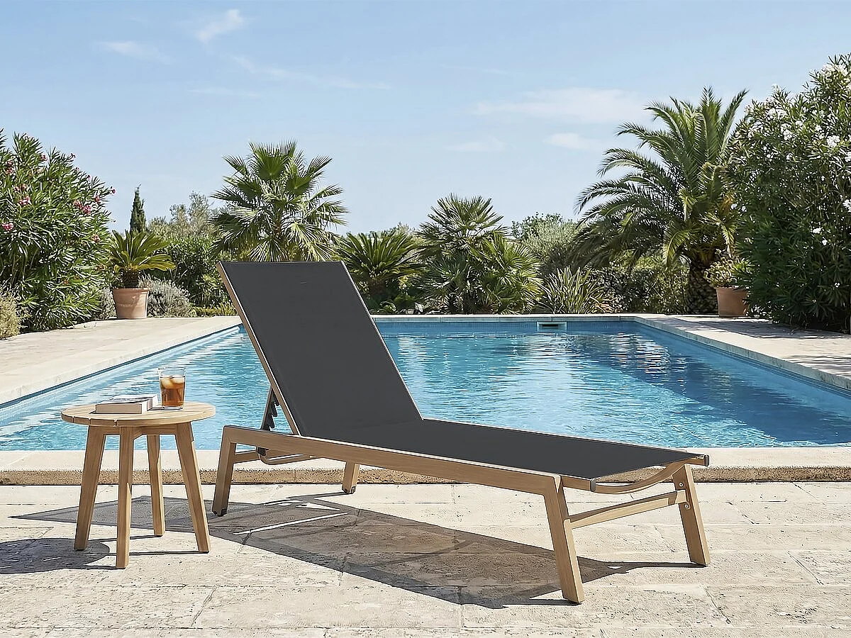 Espreguiçadeira "Elysia" em alumínio com efeito madeira - Preto