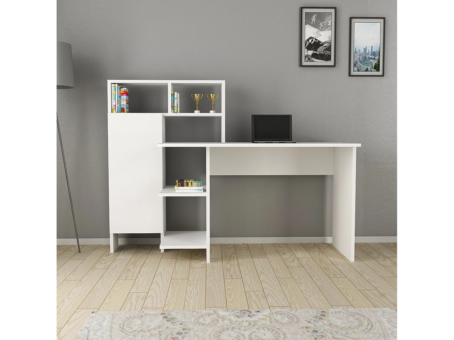 Träskrivbord "Bugra" - Vitt - 135 x 60 x 111 cm - 7 Hyllor, 1 Dörr