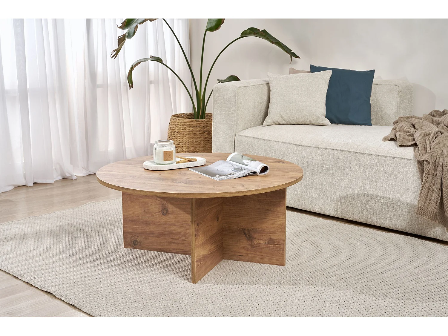 Table basse en bois "Soleil" - 90 x 90 x 40 cm - Pin atlantique