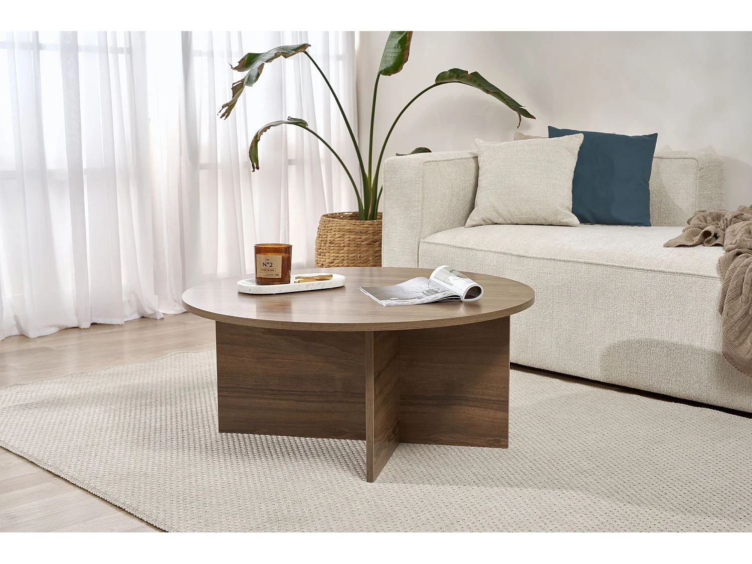 Table basse en bois "Soleil" - 90 x 90 x 40 cm - Noyer